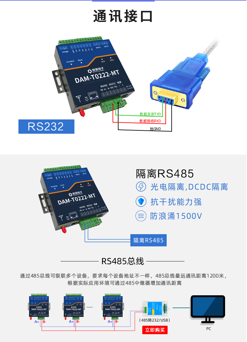 云平台 DAM-T0222-MT 工业级数采控制器通讯接口