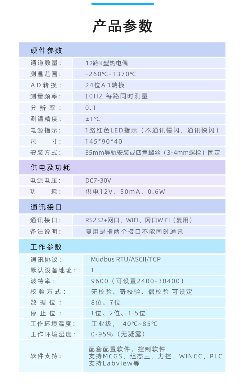 JY-DAM-TC12 12路热电偶温度采集模块参数