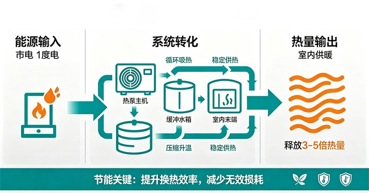 空气能热泵系统,消耗1度电能,可搬运3-5倍的空气热能 空气能热泵系统,消耗1度电能,可搬运3-5倍的空气热能