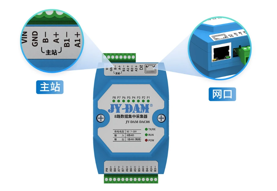 以太网+485连接上位机系统8路485从机并发读取,集中数据输出 以太网+485连接上位机系统8路485从机并发读取,集中数据输出